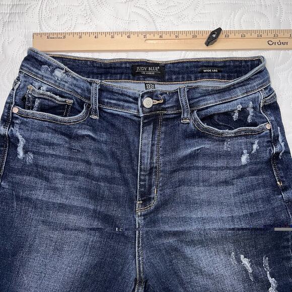 Judy Blue Jeans Size 13/31 Wide Leg Raw Hem Distressed Crop High Rise JB82593DK - Picture 8 of 15